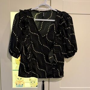 Black Ruffle Wrap Blouse with Cream Dot Wave Print